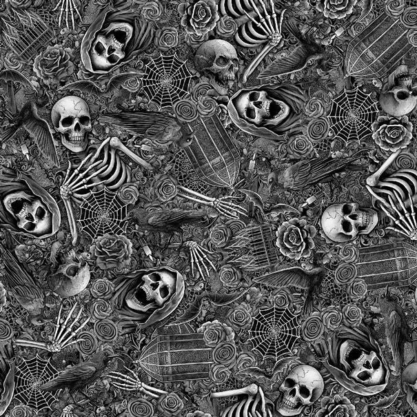 Black and white pattern of skeletons, skulls, and spider webs on a textured background