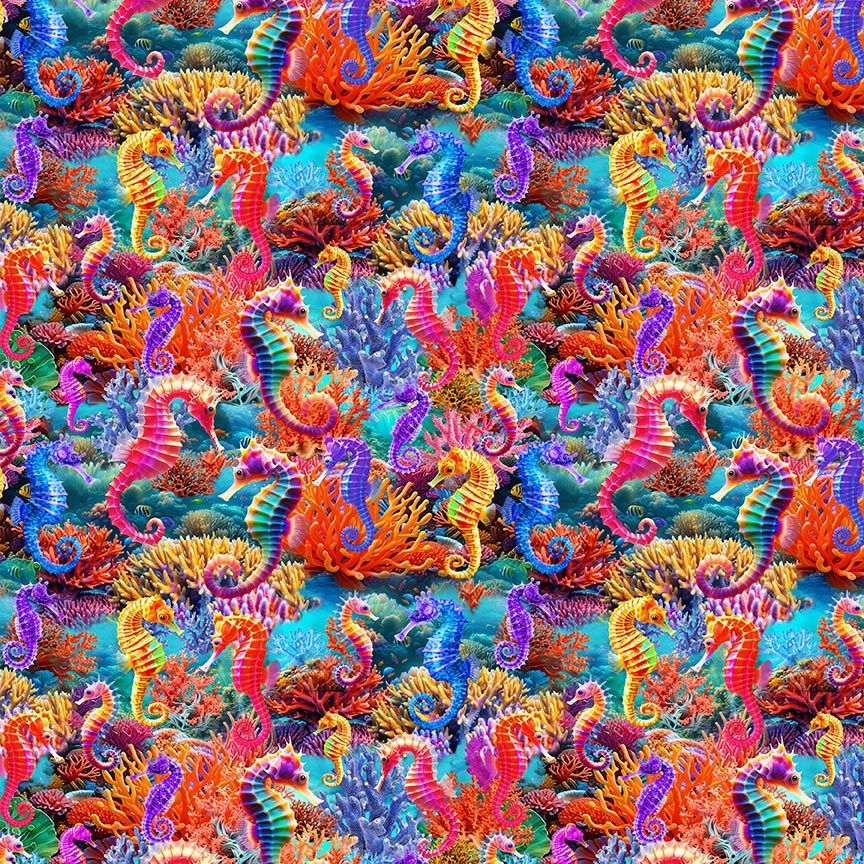 Colorful pattern of seahorses on a blue background