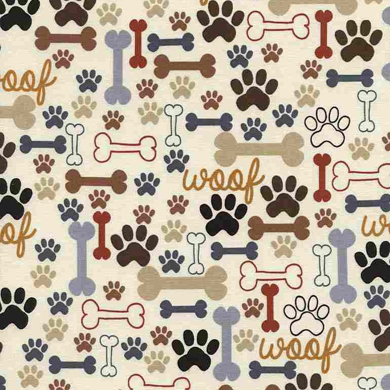 Pattern of dog bones and paw prints with 'woof' text on a beige background
