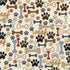 Pattern of dog bones and paw prints with 'woof' text on a beige background