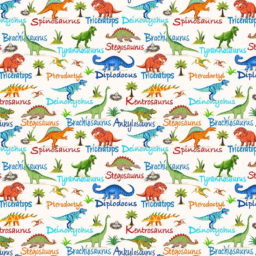 Fabric Timeless Treasures Cream Mini Dinosaurs & Names Dinosaur Dig by the Quarter Yard CD3847-CREAM