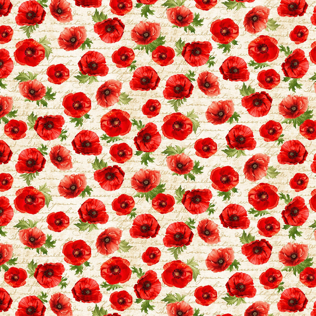 Fabric Timeless Treasures Cream Poppies on Script Poppy Passion by the Quarter Yard CD3808-CREAM