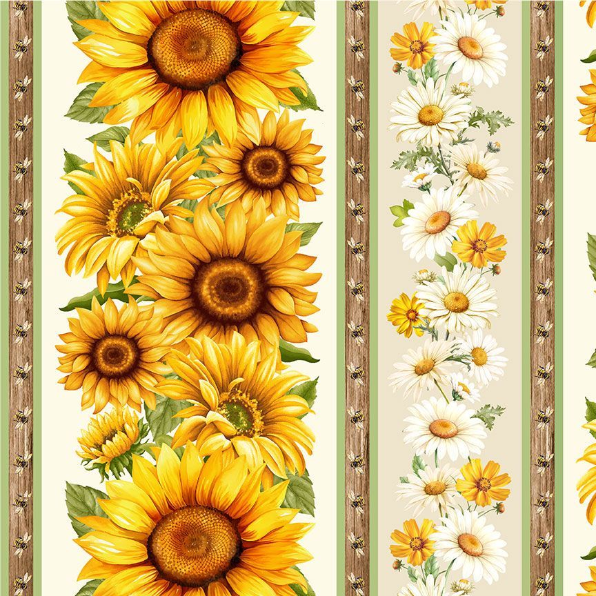 Fabric Timeless Treasures Cream Sunflower 11" Stripe You Are My Sunshine by the Quarter Yard FLEUR-CD3882