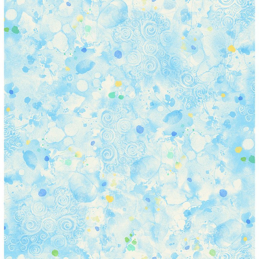 Light blue and white watercolor-style pattern with scattered blue, green, and yellow paint splashes and swirl motifs.