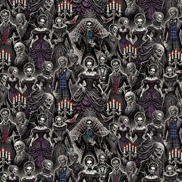 Pattern of skeletons in formal attire with candles on a dark background