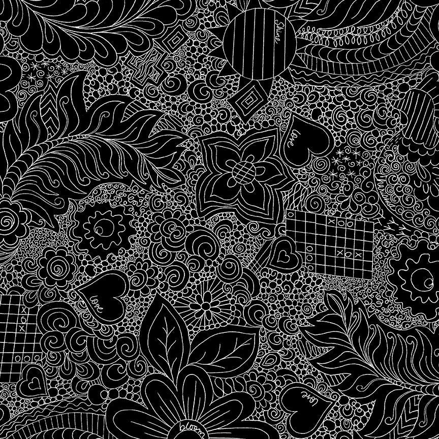 Fabric Timeless Treasures Jet Doodle Floral Impact Extra Wide 108" Wide Back by the Quarter Yard CD3840-JET