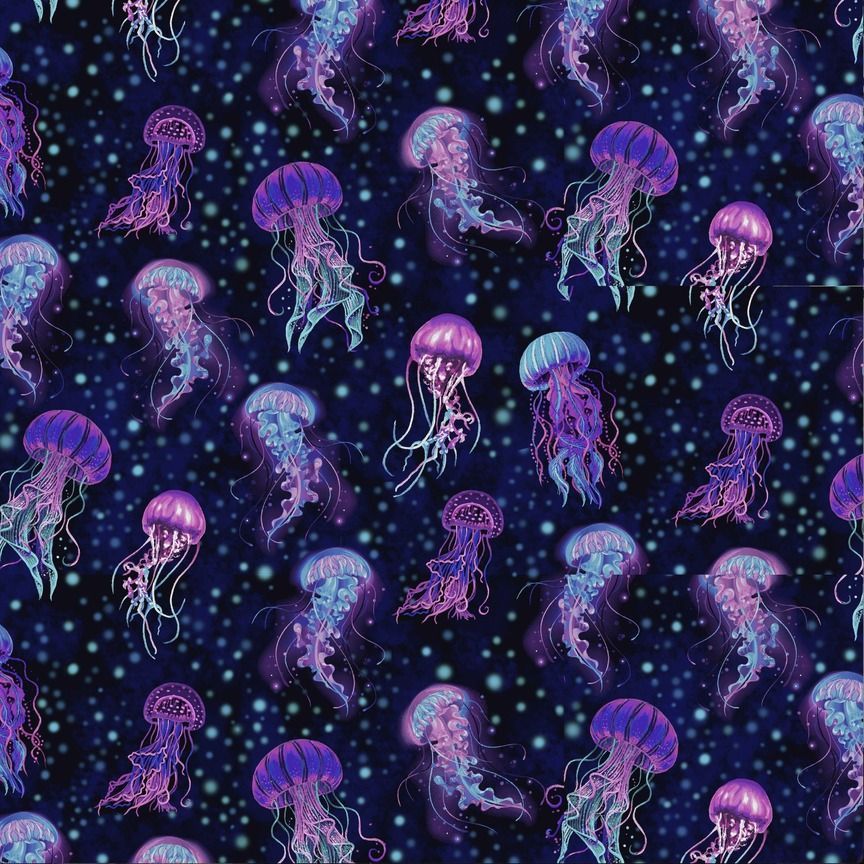 Pattern of jellyfish on a dark blue background with star-like dots