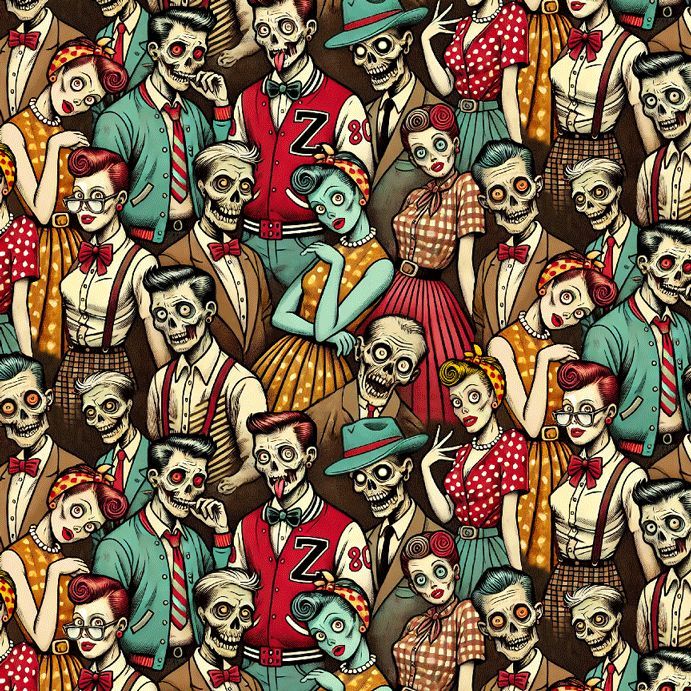 Illustration of skeletons and zombies in vintage clothing on a brown background
