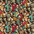 Illustration of skeletons and zombies in vintage clothing on a brown background
