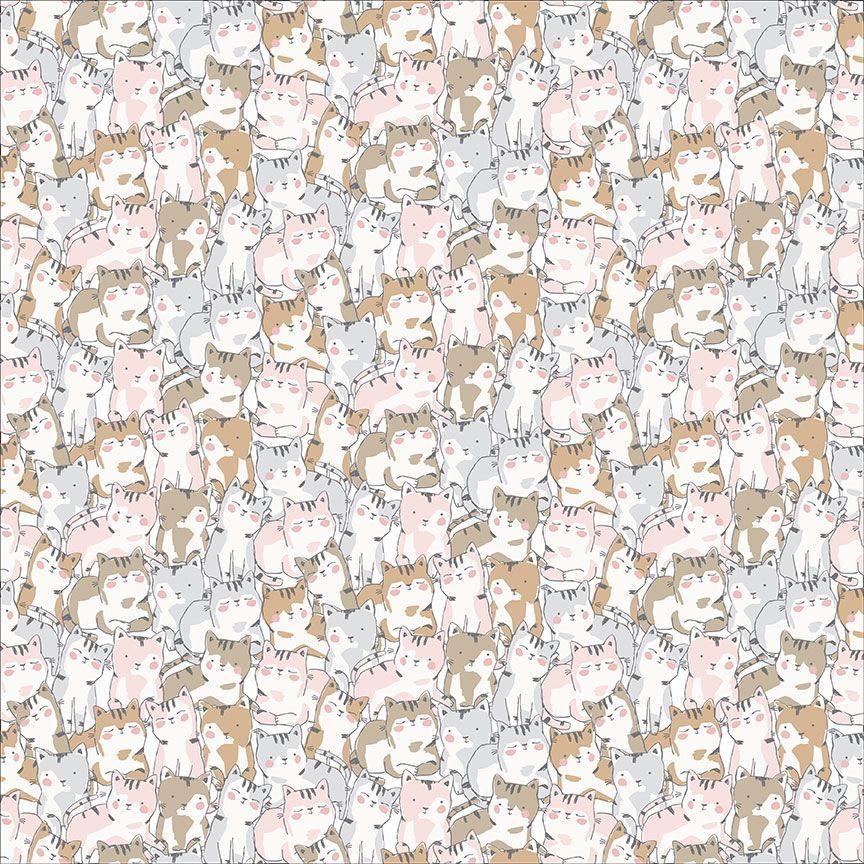 A repeating pattern of cute hand-drawn cartoon cats in various poses and colors, including orange tabby, white, pink, gray, and brown, filling the entire frame.
