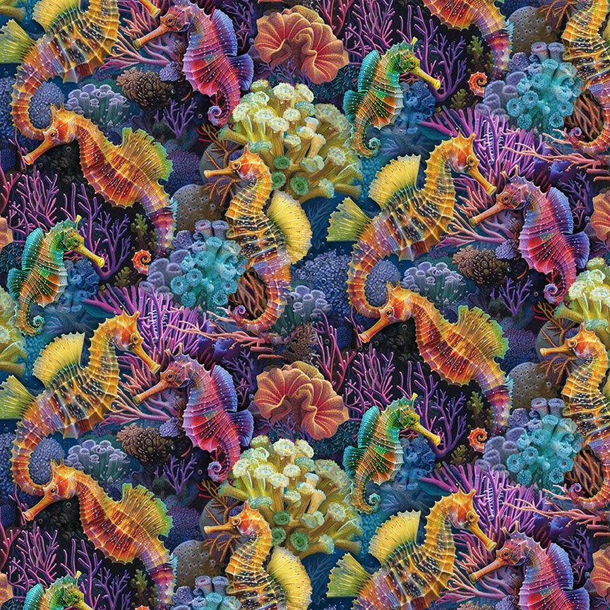 Colorful illustration of seahorses and coral on a dark background