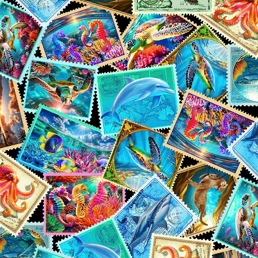 Collage of colorful postage stamps featuring marine life.