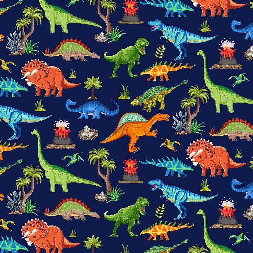 Fabric Timeless Treasures Navy Dinosaurs Scenic Dinosaur Dig by the Quarter Yard CD3846-NAVY