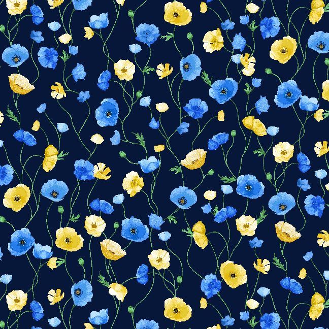 A seamless watercolor floral pattern featuring blue and yellow flowers with green stems on a dark navy blue background.