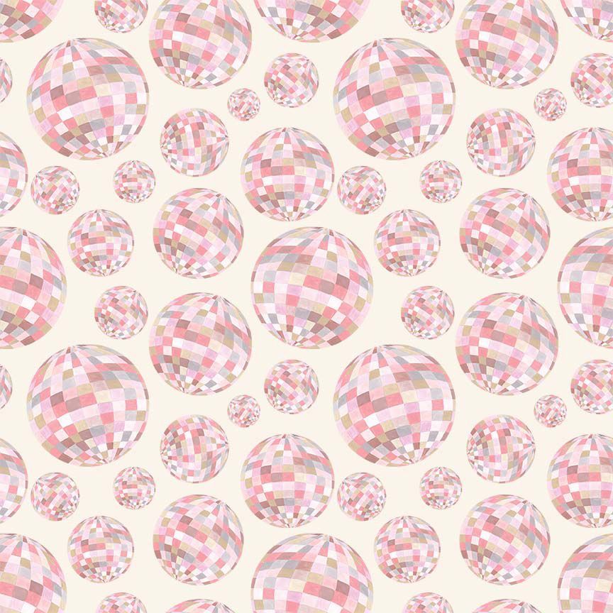 A repeating pattern of pink and white mirrored disco ball spheres on a light cream background.