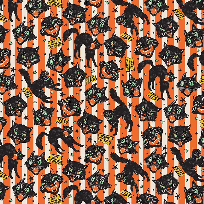 Pattern of black cats and Halloween elements on an orange and white striped background