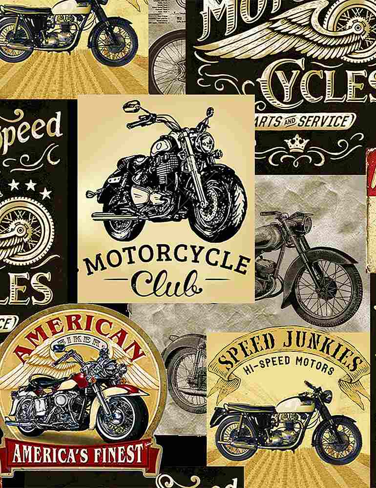 Fabric Timeless Treasures Packed Vintage Motorcycle Signs by the Quarter Yard FUN-CD8049