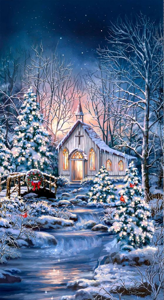Winter scene with a church, trees, and a stream at night.