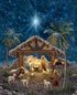 Nativity scene with Mary, Joseph, and baby Jesus under a bright star with palm trees in the background.