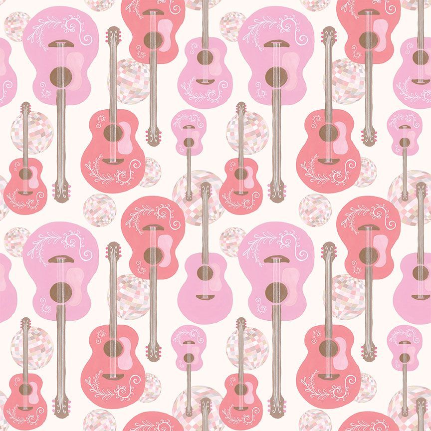 A repeating pattern of acoustic guitars in shades of pink, coral, and mauve on a light cream background, with some guitars showing a subtle floral print.
