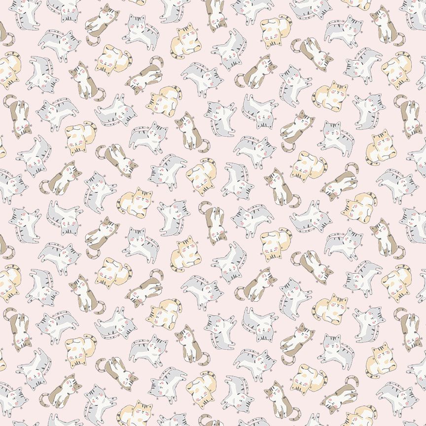 A repeating pattern of illustrated cats in white, gray, beige, and brown on a pale pink background.