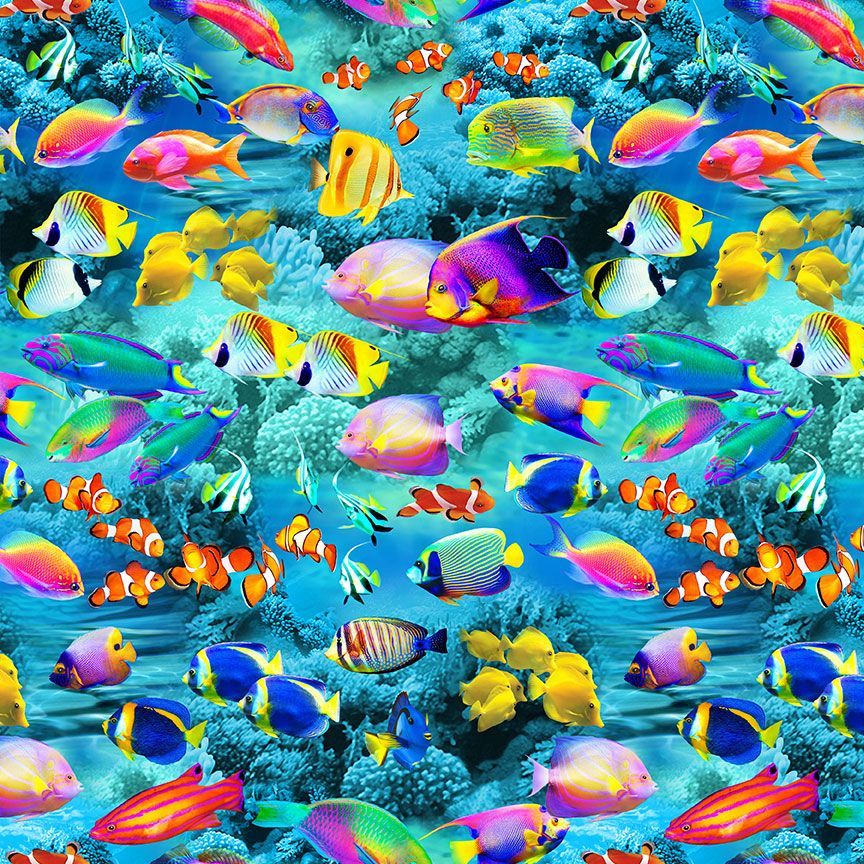 Colorful tropical fish swimming around a coral reef.