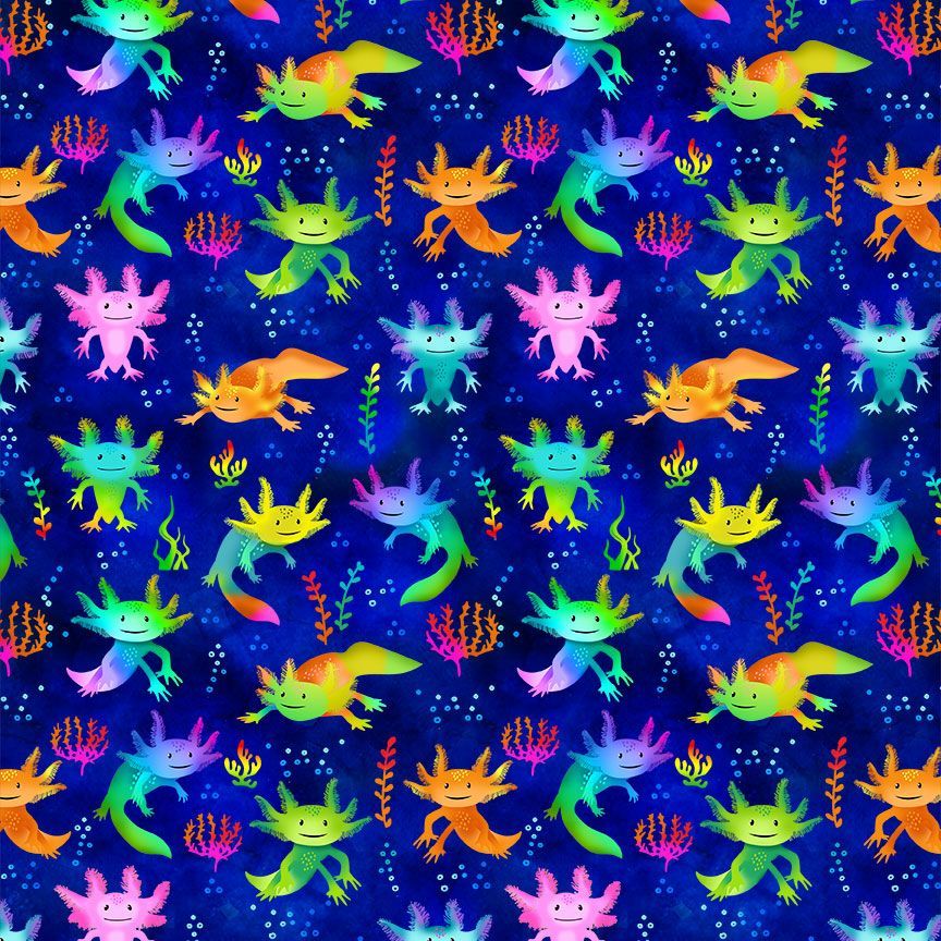 A repeating seamless pattern of colorful cartoon axolotls swimming on a deep blue watercolor background with small coral and sea plant details.