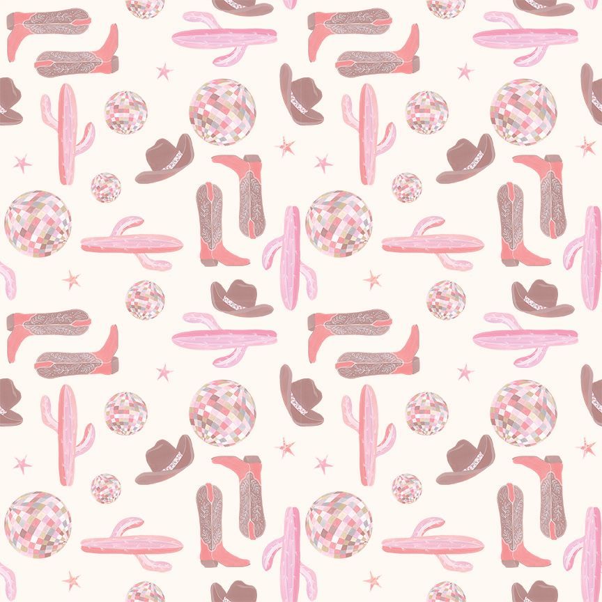 A repeating western-themed pattern on a warm cream background, featuring pink and dusty rose cowboy boots, cacti, cowboy hats, sparklers, and disco ball motifs.
