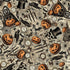Halloween-themed pattern with pumpkins, ghosts, and other elements on a beige background.