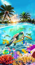 Colorful underwater scene with turtles and fish, split between ocean and sky.