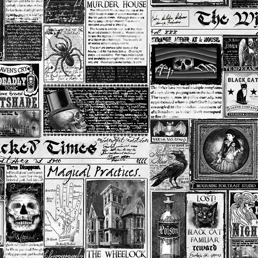 Collage of vintage newspaper clippings, advertisements, and illustrations with a gothic theme.