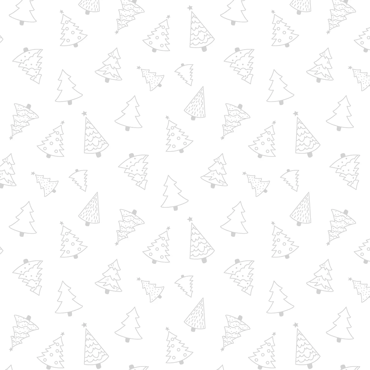 A seamless repeating pattern of minimalist, hand-drawn Christmas trees in light gray outlines on a solid white background.