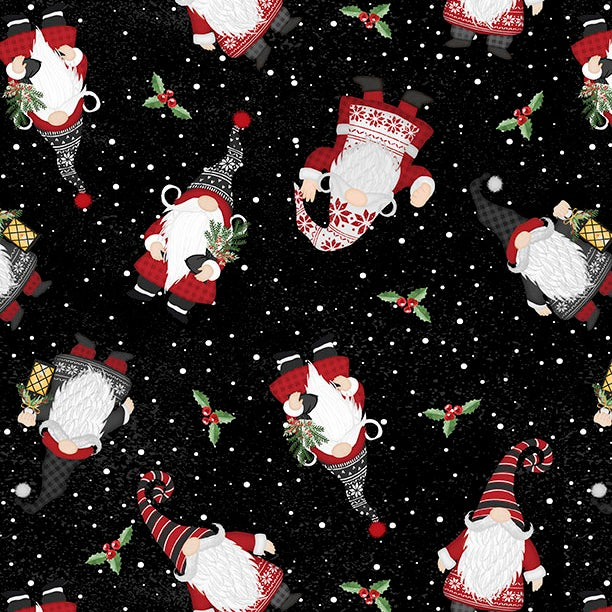 Pattern of Christmas gnomes on a black background with snowflakes.