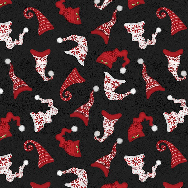 Pattern of red and white Christmas-themed hats on a black background.
