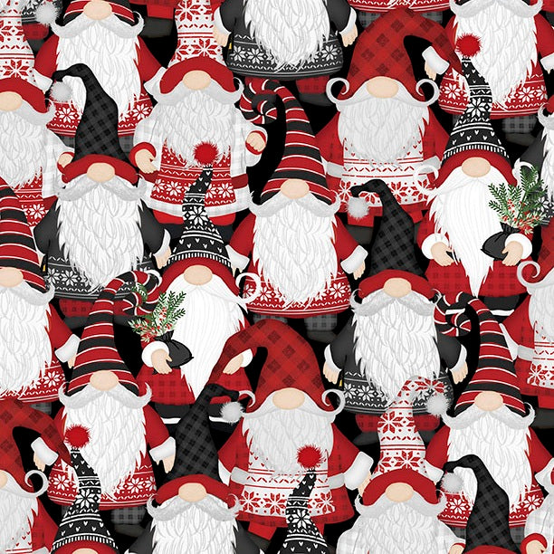 A fabric pattern featuring Christmas gnomes in red and black sweaters