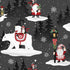 Christmas-themed fabric with gnomes, a polar bear, and snowflakes on a dark background.