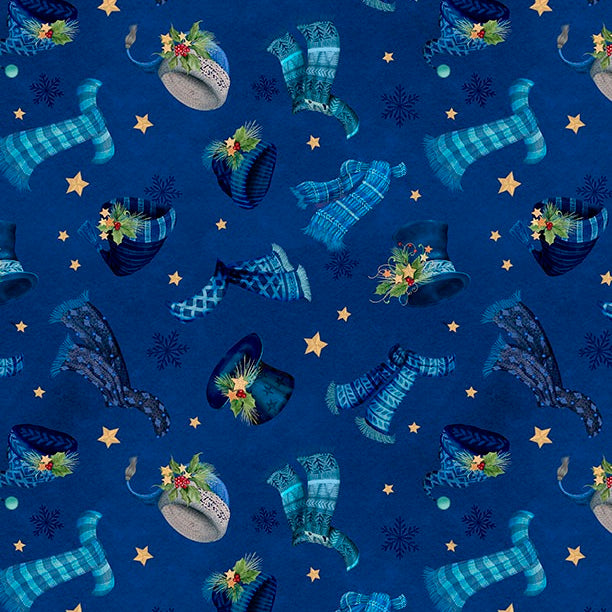 Pattern of blue hats, scarves, and boots on a blue background with stars.