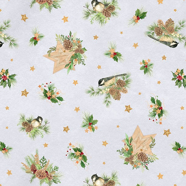 Fabric Wilmington Prints Gray Birds & Pine Toss Let It Snow Man! by the Quarter Yard 27757-972