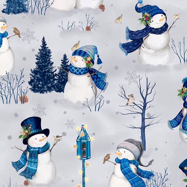 Pattern of snowmen with blue scarves and hats in a winter scene with trees and birds.