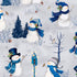 Pattern of snowmen with blue scarves and hats in a winter scene with trees and birds.