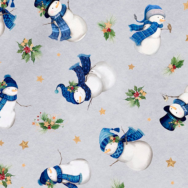 Pattern of snowmen with blue scarves and holly leaves on a light gray background.