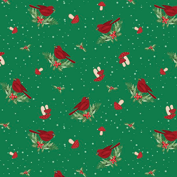 Fabric Wilmington Prints Green Cardinals Snowy Gnomies by the Quarter Yard 49375-737