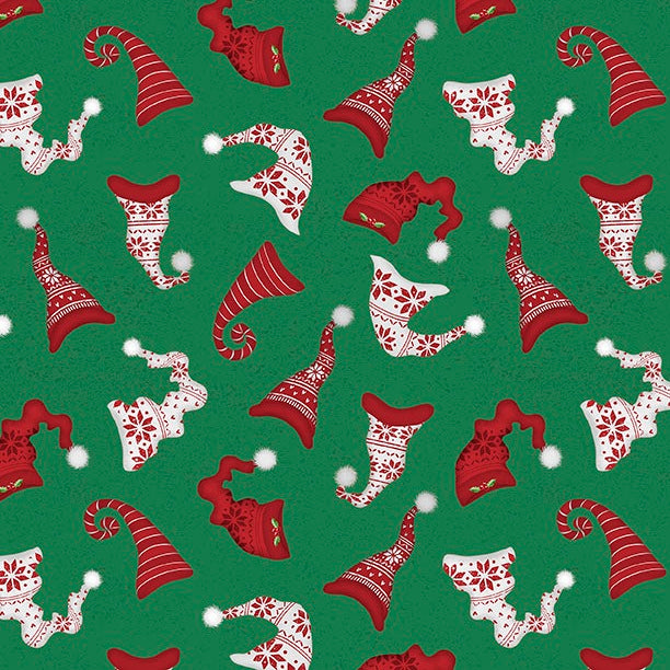 Pattern of red and white Christmas-themed hats on a green background.