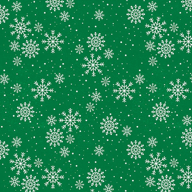 Pattern of white snowflakes on a green background