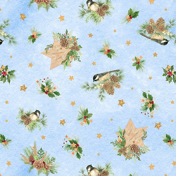 Fabric Wilmington Prints Light Blue Birds & Pine Toss Let It Snow Man! by the Quarter Yard 27757-472