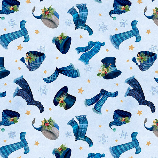 Pattern of blue hats, scarves, and boots with decorative elements on a light blue background.