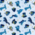 Pattern of blue hats, scarves, and boots with decorative elements on a light blue background.