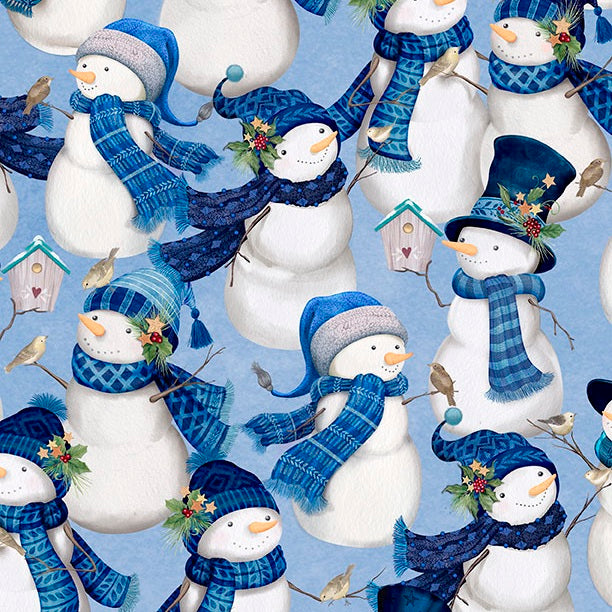 Fabric Wilmington Prints Light Blue Packed Snowmen Let It Snow Man! by the Quarter Yard 27753-440