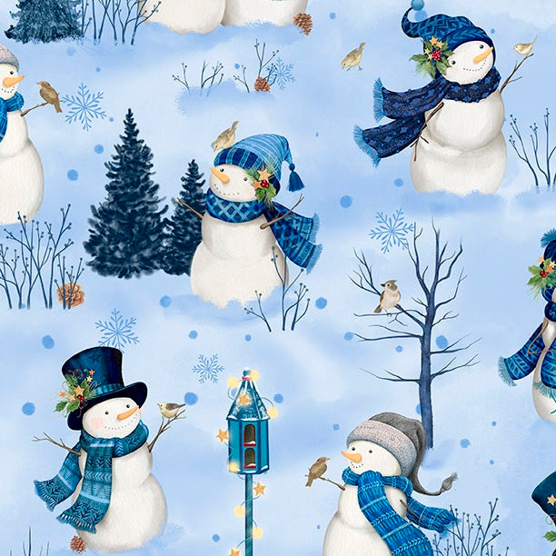 Pattern of snowmen with scarves and hats in a winter scene with trees and birds.