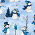 Pattern of snowmen with scarves and hats in a winter scene with trees and birds.